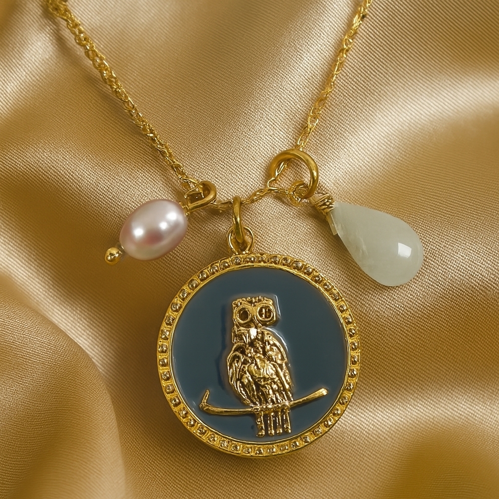 Gold Owl Pendant Necklace with Charms – Whimsical Animal Jewelry Gift